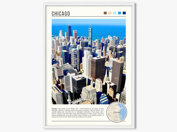 Descriptive Minimalist Chicago Skyline Poster in White Frame