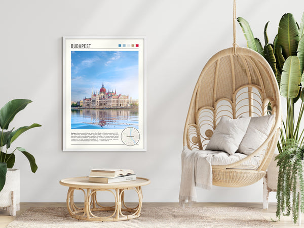 Descriptive Minimalist Budapest Poster in White Frame displayed in a modern living room with a wicker chair.