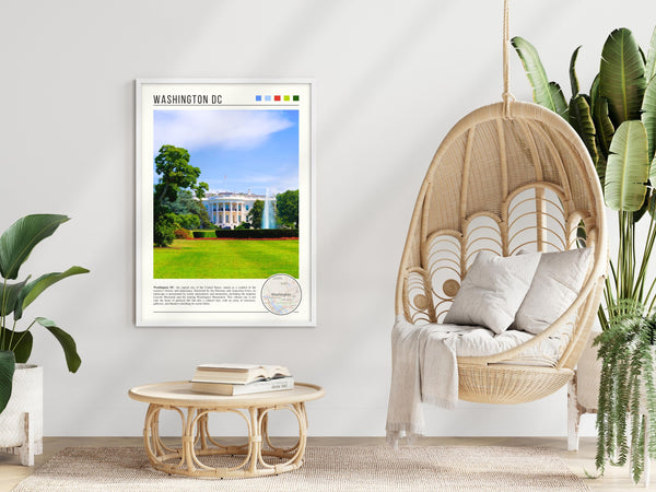 Descriptive Minimalist Washington Poster in White Frame displayed in a modern living room with a wicker chair.