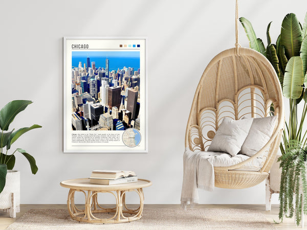 Descriptive Minimalist Chicago Skyline Poster in White Frame displayed in a modern living room with a wicker chair.