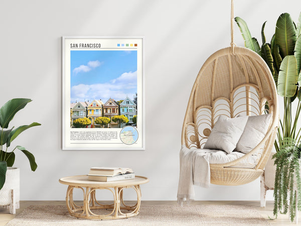 Descriptive Minimalist San Francisco Poster in White Frame displayed in a modern living room with a wicker chair.