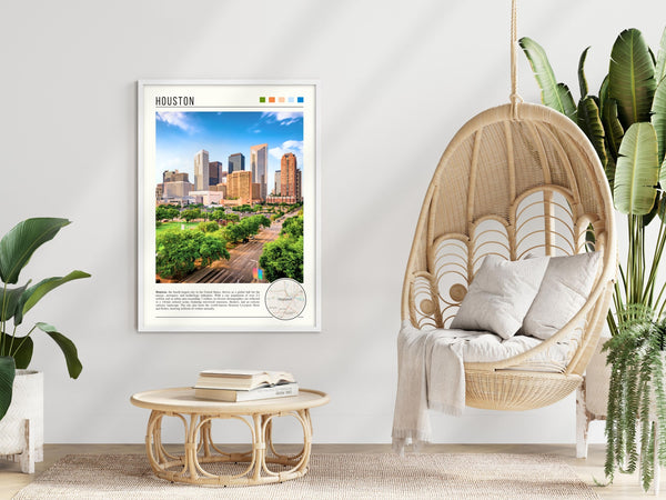 Descriptive Minimalist Houston Poster in White Frame displayed in a modern living room with a wicker chair.