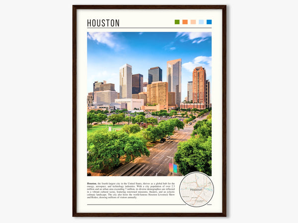 Descriptive Minimalist Houston Poster in Dark Wooden Frame