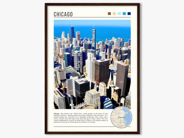 Descriptive Minimalist Chicago Skyline Poster in Dark Wooden Frame