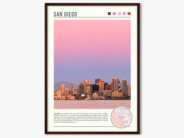 Descriptive Minimalist San Diego Poster in Dark Wooden Frame