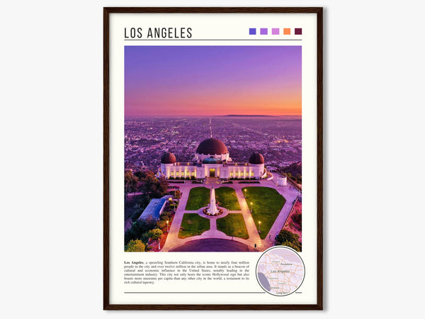 Descriptive Minimalist Griffith Observatory Poster in Dark Wooden Frame