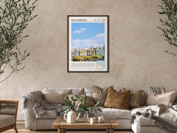 Descriptive Minimalist San Francisco Poster in Dark Wooden Frame displayed in a cozy living room with a beige sofa.