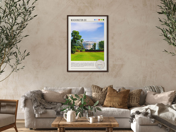 Descriptive Minimalist Washington Poster in Dark Wooden Frame displayed in a cozy living room with a beige sofa.