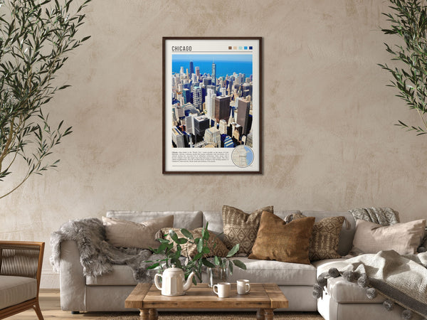 Descriptive Minimalist Chicago Skyline Poster in Dark Wooden Frame displayed in a cozy living room with a beige sofa.