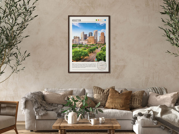 Descriptive Minimalist Houston Poster in Dark Wooden Frame displayed in a cozy living room with a beige sofa.