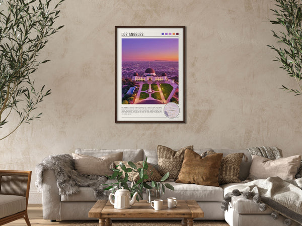 Descriptive Minimalist Griffith Observatory Poster in Dark Wooden Frame displayed in a cozy living room with a beige sofa.