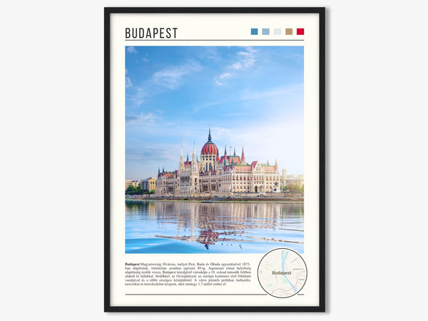 Descriptive Minimalist Budapest Poster in Black Frame displayed in a living room with a gray armchair.