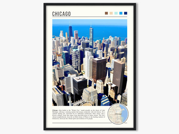 Descriptive Minimalist Chicago Skyline Poster in Black Frame displayed in a living room with a gray armchair.