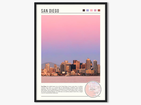 Descriptive Minimalist San Diego Poster in Black Frame displayed in a living room with a gray armchair.