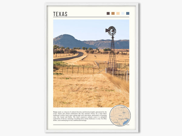 Descriptive Minimalist Texas Poster in White Frame