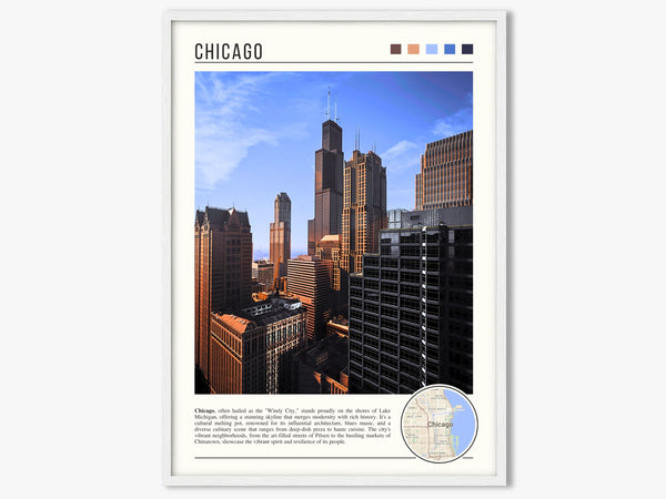 Descriptive Minimalist Chicago Poster in White Frame