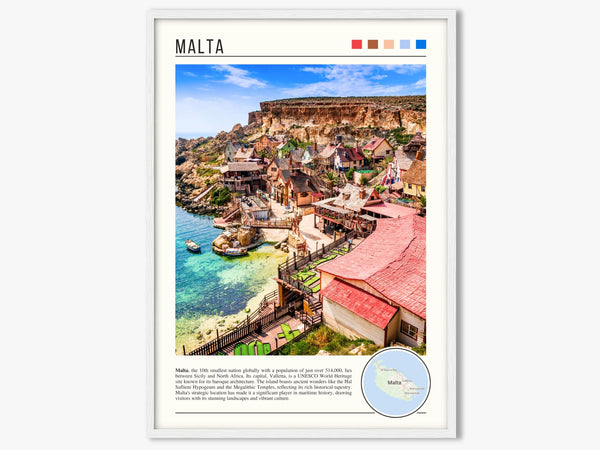 Descriptive Minimalist Malta Poster in White Frame