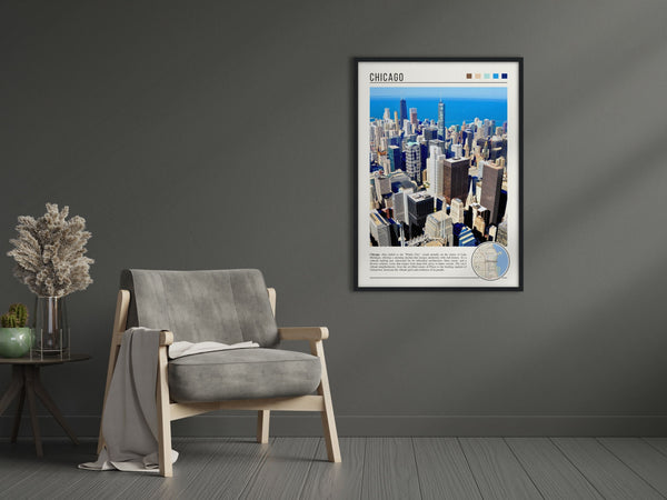 Descriptive Minimalist Chicago Skyline Poster in Black Frame