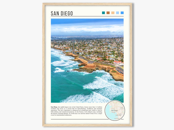 Descriptive Minimalist San Diego Poster in Wooden Frame