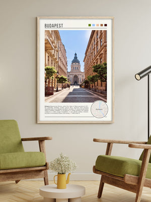 Descriptive Minimalist Budapest Poster in Wooden Frame displayed in a living room with green chairs.