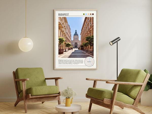 Descriptive Minimalist Budapest Poster in Wooden Frame displayed in a living room with green chairs.