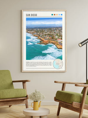 Descriptive Minimalist San Diego Poster in Wooden Frame displayed in a living room with green chairs.