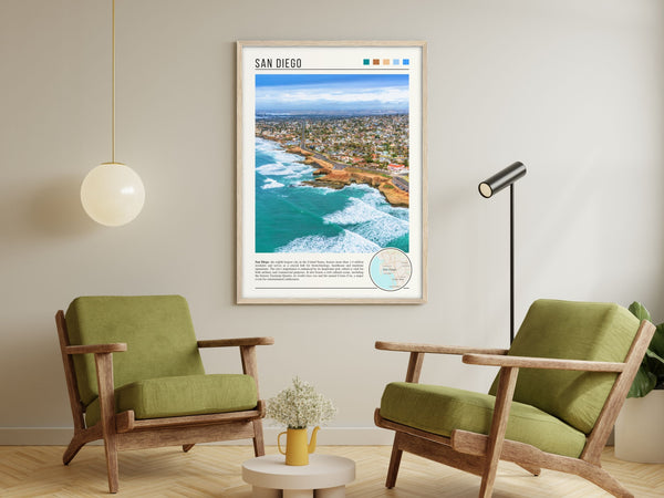 Descriptive Minimalist San Diego Poster in Wooden Frame displayed in a living room with green chairs.