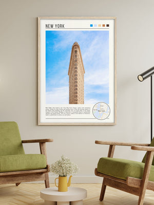 Descriptive Minimalist New York Poster in Wooden Frame displayed in a living room with green chairs.