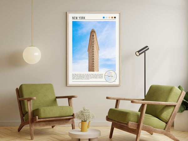 Descriptive Minimalist New York Poster in Wooden Frame displayed in a living room with green chairs.