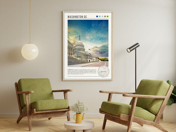 Descriptive Minimalist Washington Poster in Wooden Frame displayed in a living room with green chairs.