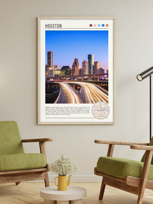 Descriptive Minimalist Houston Poster in Wooden Frame displayed in a living room with green chairs.