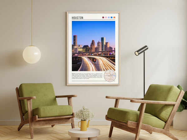 Descriptive Minimalist Houston Poster in Wooden Frame displayed in a living room with green chairs.