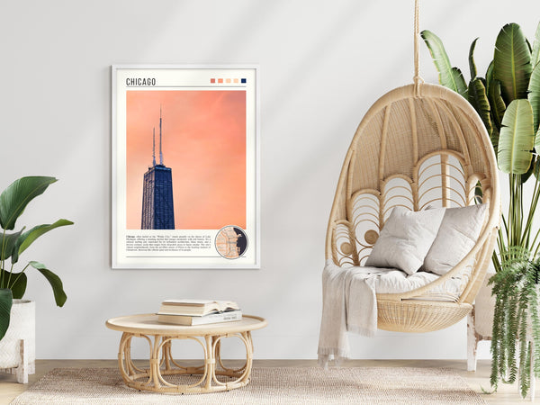 Descriptive Minimalist John Hancock Poster in White Frame displayed in a modern living room with a wicker chair.