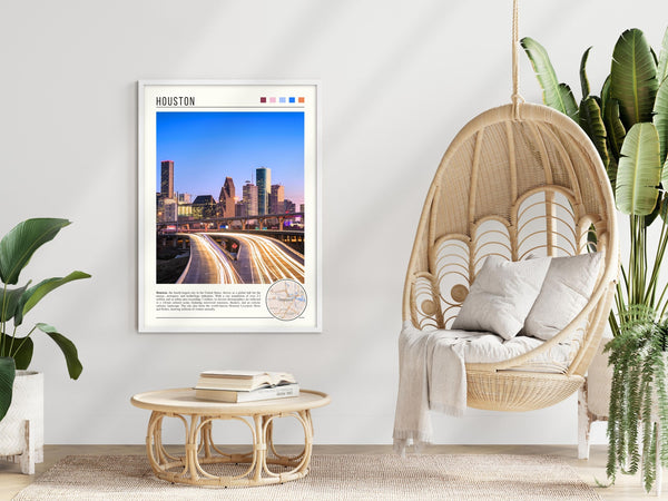 Descriptive Minimalist Houston Poster in White Frame displayed in a modern living room with a wicker chair.