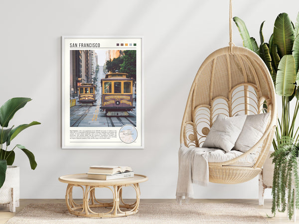 Descriptive Minimalist San Francisco Poster in White Frame displayed in a modern living room with a wicker chair.