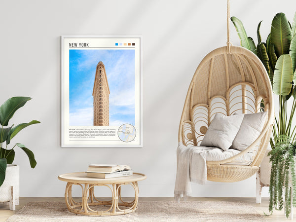 Descriptive Minimalist New York Poster in White Frame displayed in a modern living room with a wicker chair.