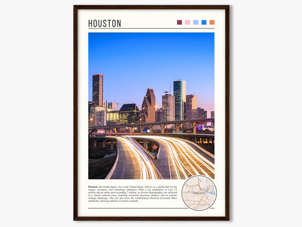 Descriptive Minimalist Houston Poster in Dark Wooden Frame