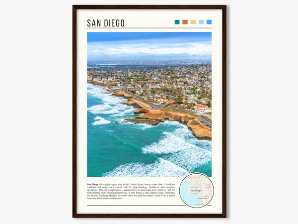 Descriptive Minimalist San Diego Poster in Dark Wooden Frame