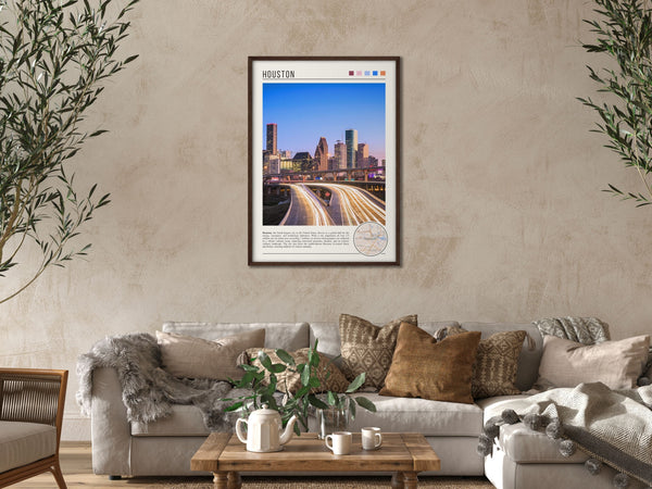 Descriptive Minimalist Houston Poster in Dark Wooden Frame displayed in a cozy living room with a beige sofa.