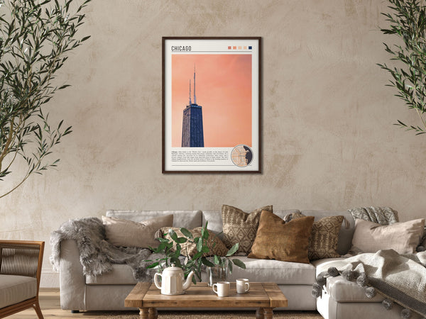 Descriptive Minimalist John Hancock Poster in Dark Wooden Frame displayed in a cozy living room with a beige sofa.