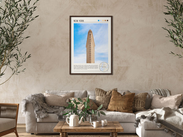 Descriptive Minimalist New York Poster in Dark Wooden Frame displayed in a cozy living room with a beige sofa.