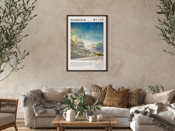 Descriptive Minimalist Washington Poster in Dark Wooden Frame displayed in a cozy living room with a beige sofa.