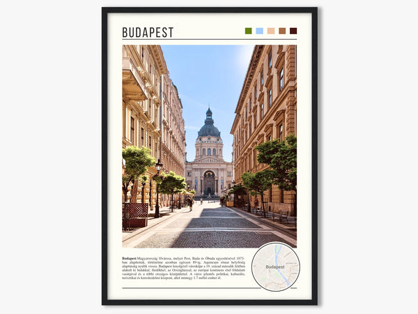 Descriptive Minimalist Budapest Poster in Black Frame displayed in a living room with a gray armchair.