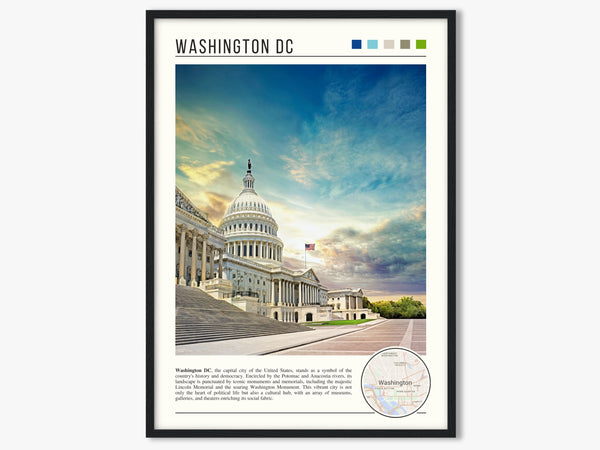 Descriptive Minimalist Washington Poster in Black Frame displayed in a living room with a gray armchair.