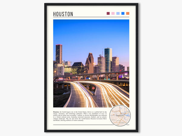 Descriptive Minimalist Houston Poster in Black Frame displayed in a living room with a gray armchair.