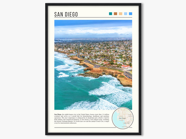 Descriptive Minimalist San Diego Poster in Black Frame displayed in a living room with a gray armchair.