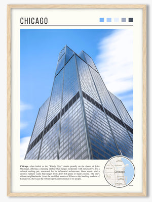 Descriptive Minimalist Willis Tower Poster in Wooden Frame