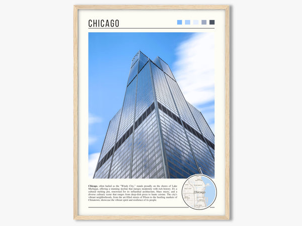 Descriptive Minimalist Willis Tower Poster in Wooden Frame