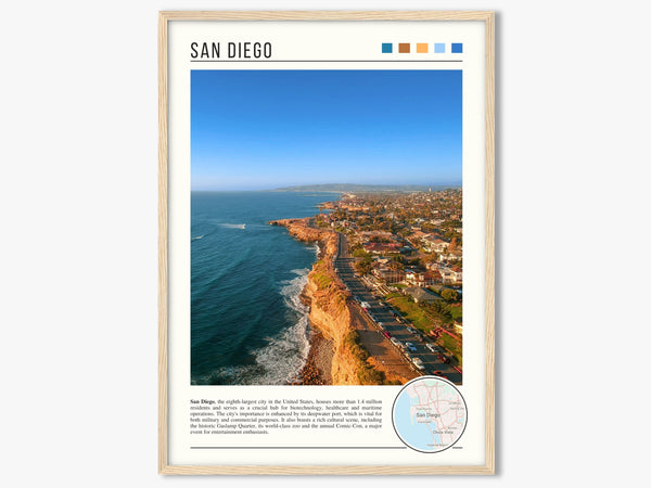 Descriptive Minimalist San Diego Poster in Wooden Frame