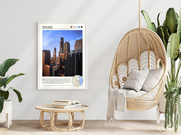 Descriptive Minimalist Chicago Poster in White Frame displayed in a modern living room with a wicker chair.